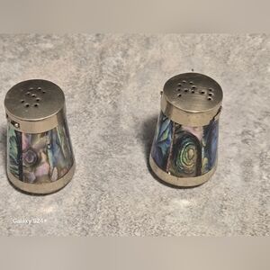 Abalone Shell Inlay Salt and Pepper Shakers - Iridescent Blue-Green